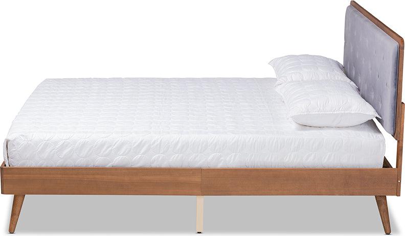 Wholesale Interiors Beds - Larue Modern and Contemporary Grey Velvet and Brown Wood King Size Platform Bed