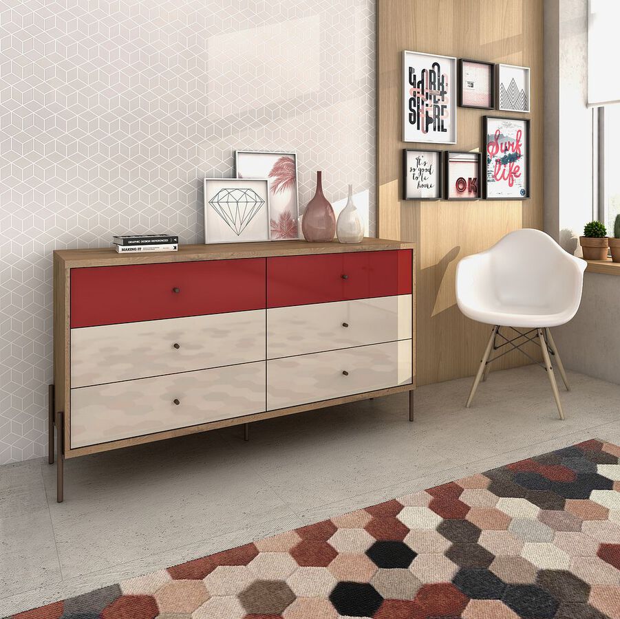Manhattan Comfort Dressers - Joy 59" Wide Double Dresser with 6 Full Extension Drawers in Red & Off White