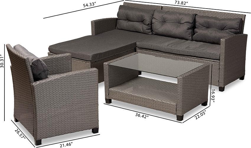 Wholesale Interiors Outdoor Conversation Sets - Darian Contemporary Grey Fabric and Grey Synthetic Rattan 4-Piece Patio Set