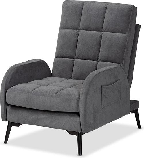 Wholesale Interiors Living Room Sets - Belden Grey Velvet Fabric Upholstered and Black Metal 2-Piece Recliner Chair and Ottoman Set