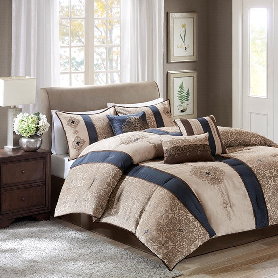 Olliix.com Comforters & Blankets - 7 Piece Jacquard Comforter Set with Throw Pillows Navy Cal King