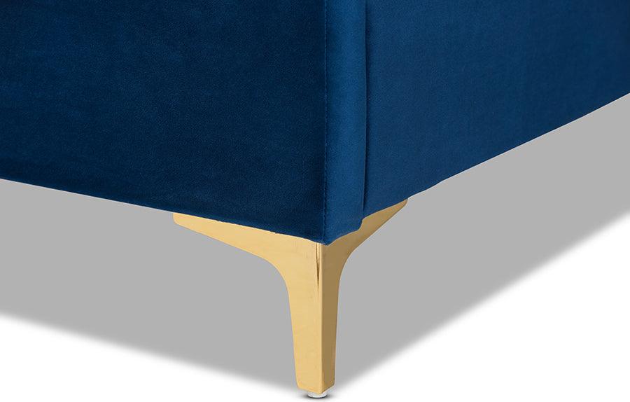 Wholesale Interiors Beds - Fabrico Glam and Luxe Navy Blue Velvet Fabric Upholstered and Gold Metal King Size Platform Bed