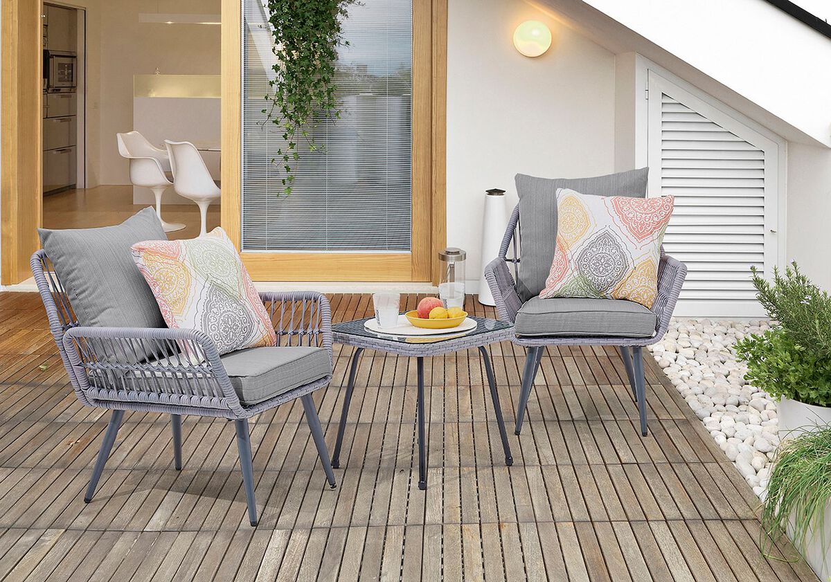 Manhattan Comfort Outdoor Conversation Sets - Cannes Patio 2- Person Seating Group with End Table with Grey Cushions