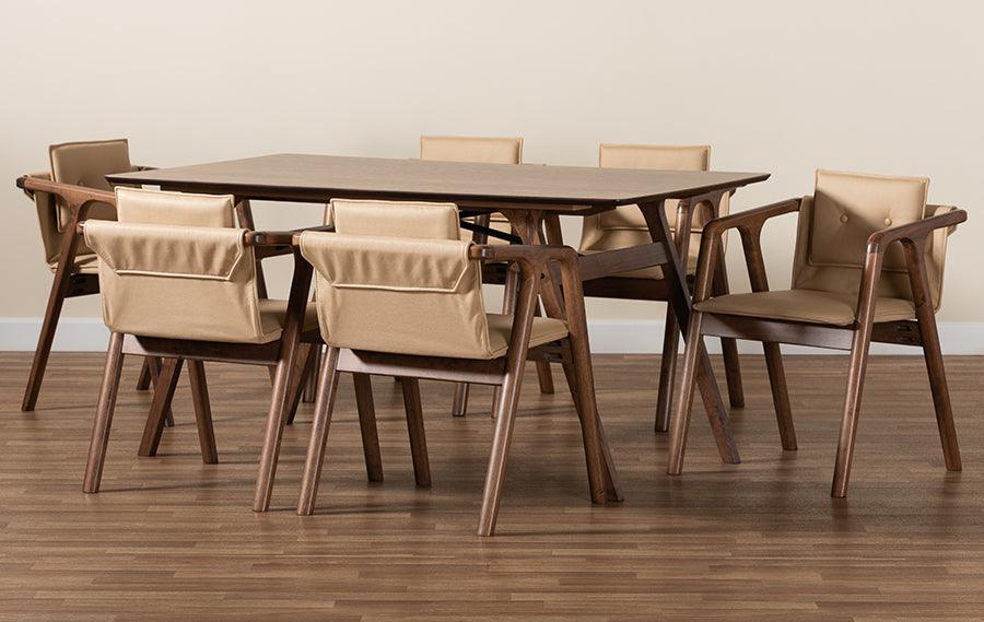 Wholesale Interiors Dining Sets - Marcena Mid-Century Modern Beige Imitation and Brown Finished Wood 7-Piece Dining Set