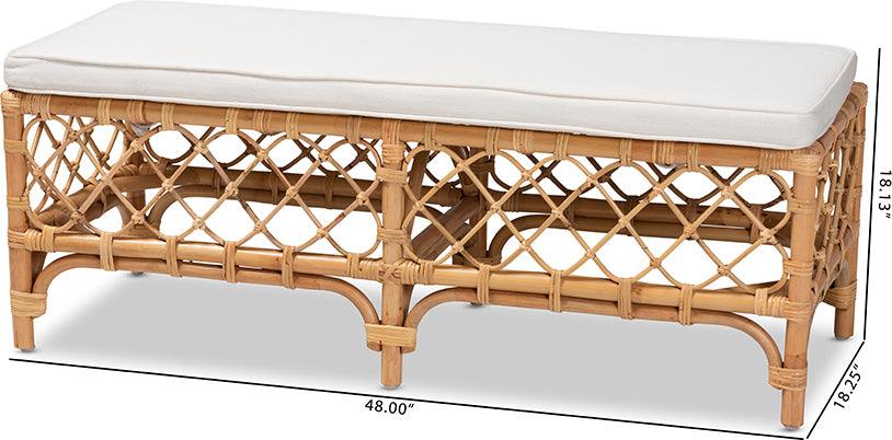 Wholesale Interiors Benches - Orchard Modern Bohemian White Fabric Upholstered and Natural Brown Rattan Bench