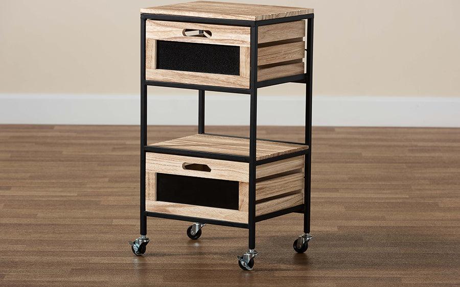 Wholesale Interiors Side & End Tables - Olinda Modern Industrial Oak Brown Finished Wood and Black Metal 2-Drawer End Table