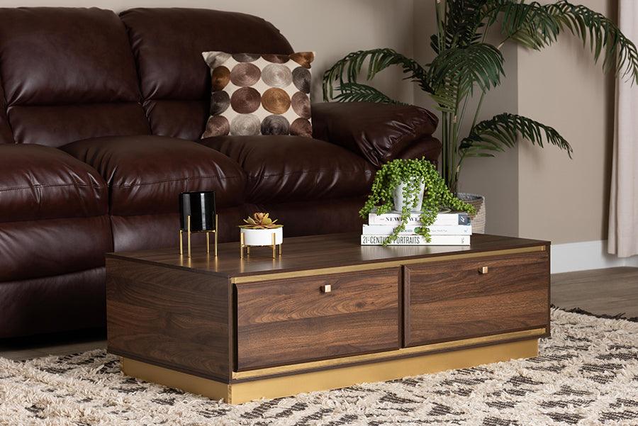 Wholesale Interiors Coffee Tables - Cormac Mid-Century Modern Brown Wood and Gold Metal 2-Drawer Coffee Table
