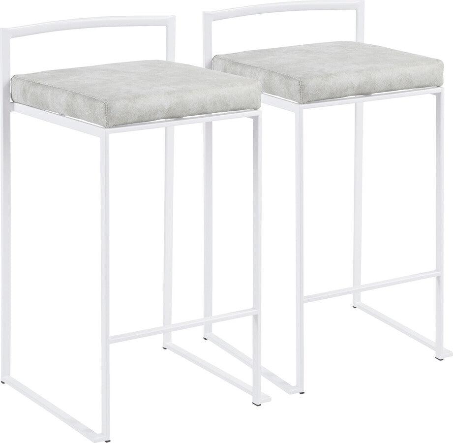Lumisource Barstools - Fuji Stackable Counter Stool in White with Light Grey Cowboy Fabric Cushion - Set of 2