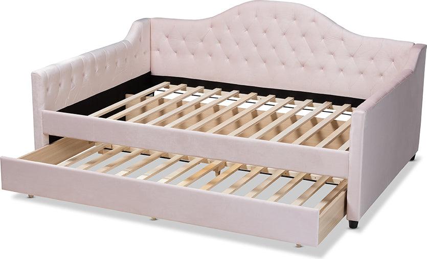 Wholesale Interiors Daybeds - Perry Light Pink Velvet Fabric Upholstered And Button Tufted Full Size Daybed With Trundle