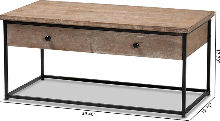 Wholesale Interiors Coffee Tables - Roderick Weathered Oak Finished Wood and Black Metal 2-Drawer Coffee Table