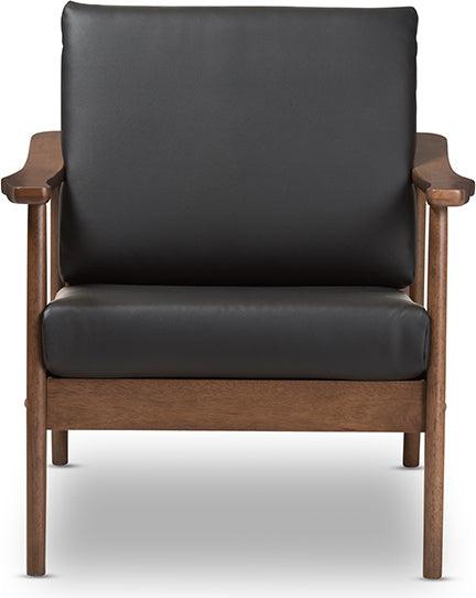 Wholesale Interiors Accent Chairs - Venza Mid-Century Modern Walnut Wood Black Faux Leather Lounge Chair