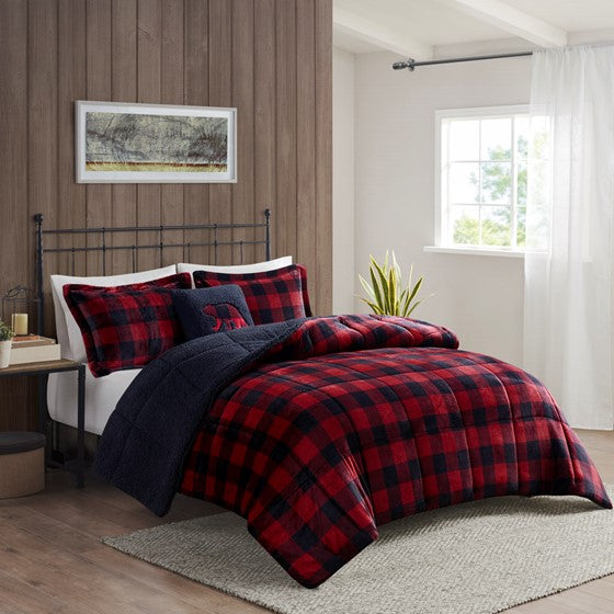 Olliix.com Comforters & Blankets - Plush to Sherpa Down Alternative Comforter Set Red/Black Buffalo Check Twin