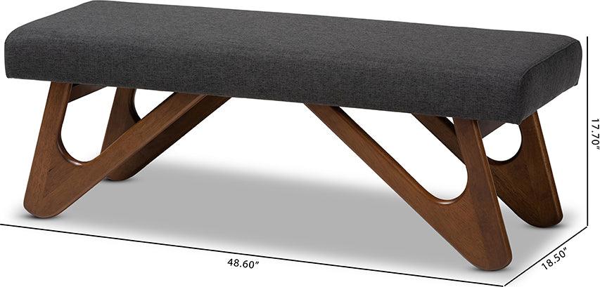 Wholesale Interiors Benches - Rika Mid-Century Modern Dark Grey Fabric Walnut Brown Boomerang Bench