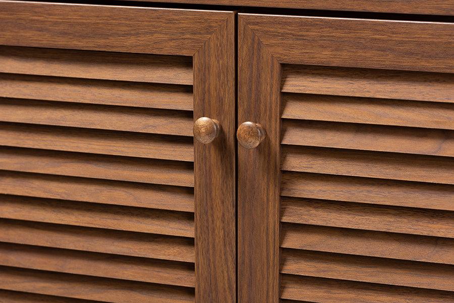 Wholesale Interiors Shoe Storage - Coolidge Modern And Contemporary Walnut Finished 5-Shelf Wood Shoe Storage Cabinet With Drawer