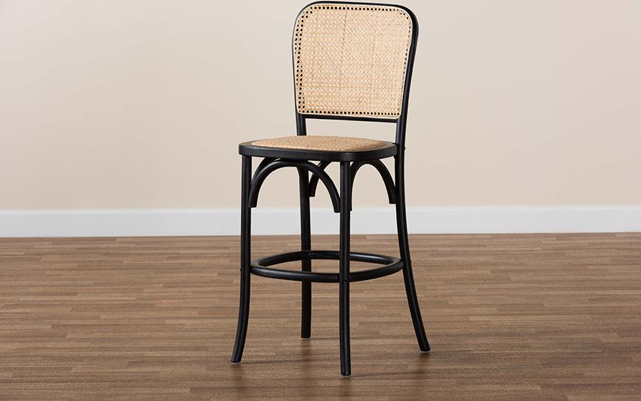 Wholesale Interiors Barstools - Vance Mid-Century Modern Brown Woven Rattan and Black Wood Cane Counter Stool