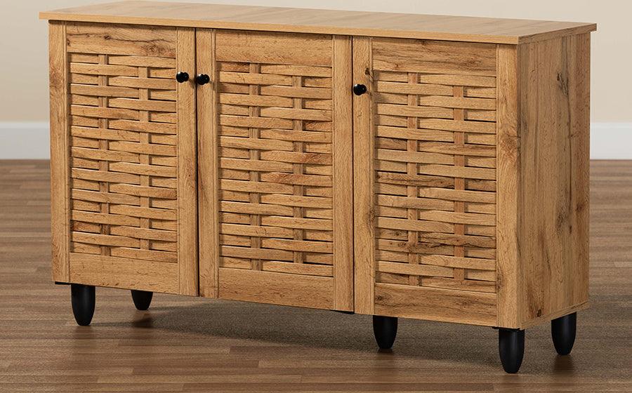 Wholesale Interiors Shoe Storage - Winda Modern and Contemporary Oak Brown Finished Wood 3-Door Shoe Cabinet