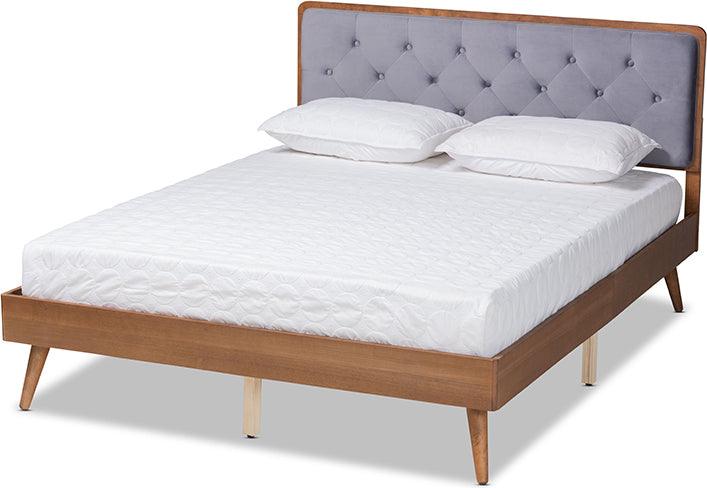 Wholesale Interiors Beds - Larue Modern and Contemporary Grey Velvet and Brown Wood King Size Platform Bed