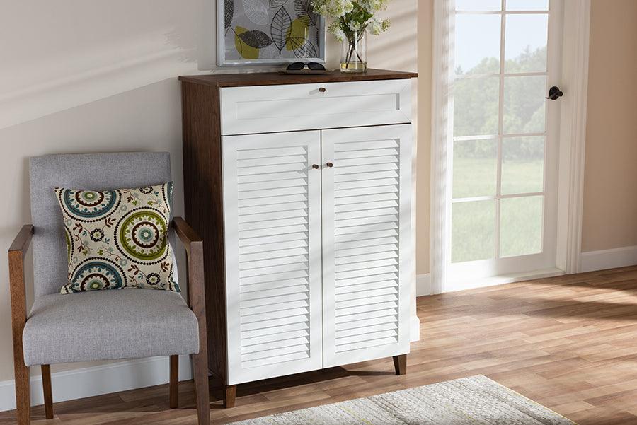 Wholesale Interiors Shoe Storage - Coolidge Contemporary White and Walnut 5-Shelf Wood Shoe Storage Cabinet with Drawer