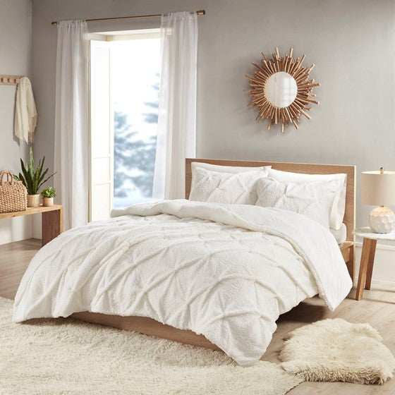 Olliix.com Comforters & Blankets - Pintuck Sherpa Down Alternative Comforter Set Ivory Full/Queen