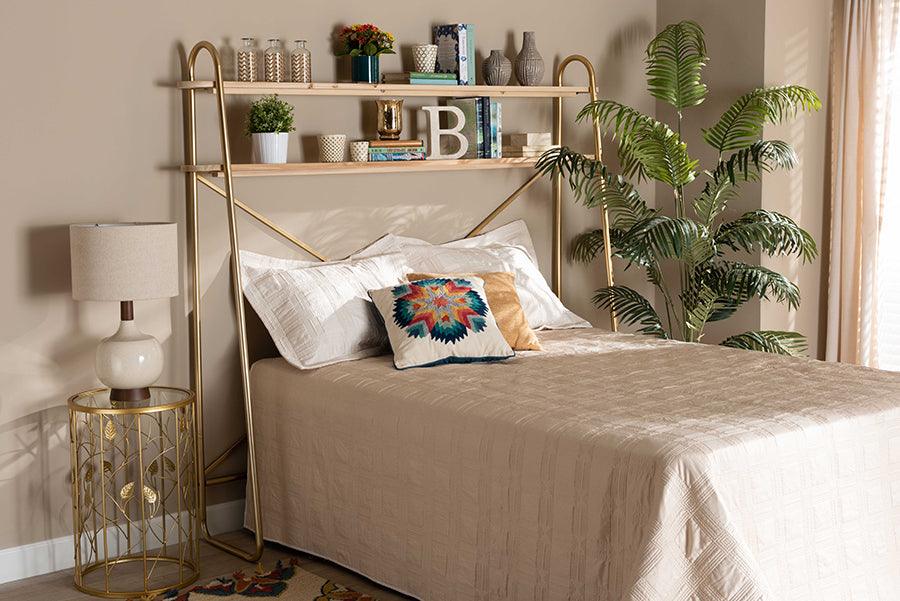 Wholesale Interiors Bedroom Organization - Merida Gold Metal and Brown Wood 2-Tier Over Bed Queen Size Storage Shelf