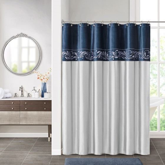 Olliix.com Shower Curtains - Embroidery Shower Curtain Navy/Silver