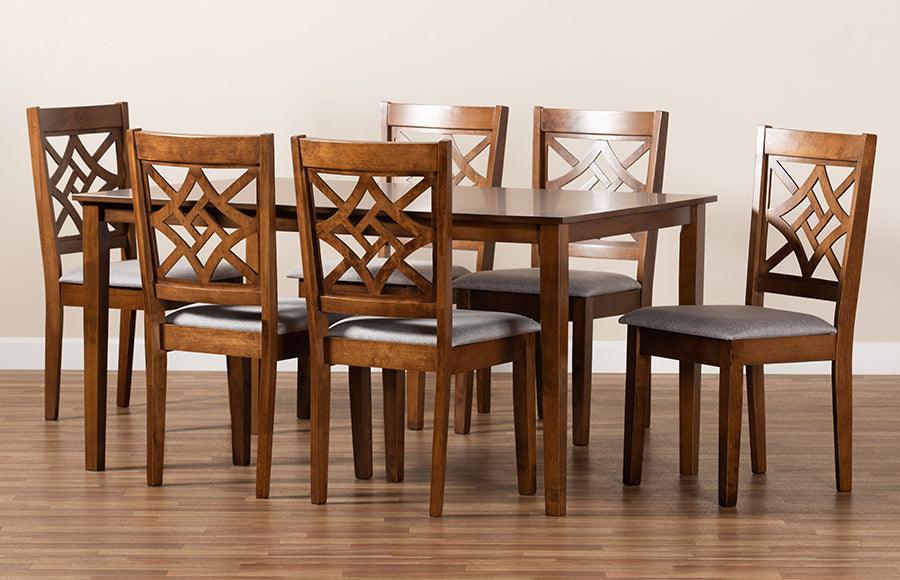 Wholesale Interiors Dining Sets - Nicolette Grey Fabric Upholstered and Walnut Brown Finished Wood 7-Piece Dining Set