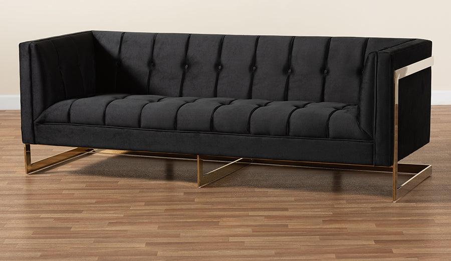 Wholesale Interiors Sofas & Couches - Ambra Glam and Luxe Black Velvet Upholstered and Button Tufted Sofa with Gold-Tone Frame