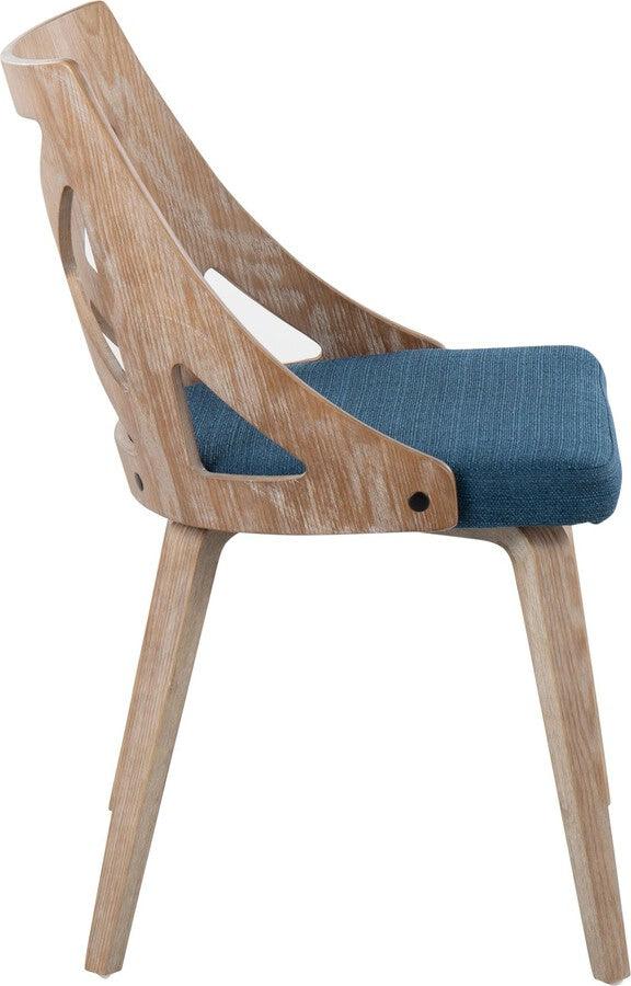 Lumisource Accent Chairs - Charlotte Farmhouse Chair In White Washed Wood & Blue Fabric (Set of 2)