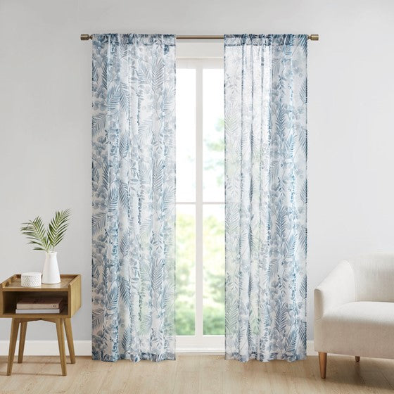 Olliix.com Curtains - Botanical Printed Texture Sheer Window Pair Blue