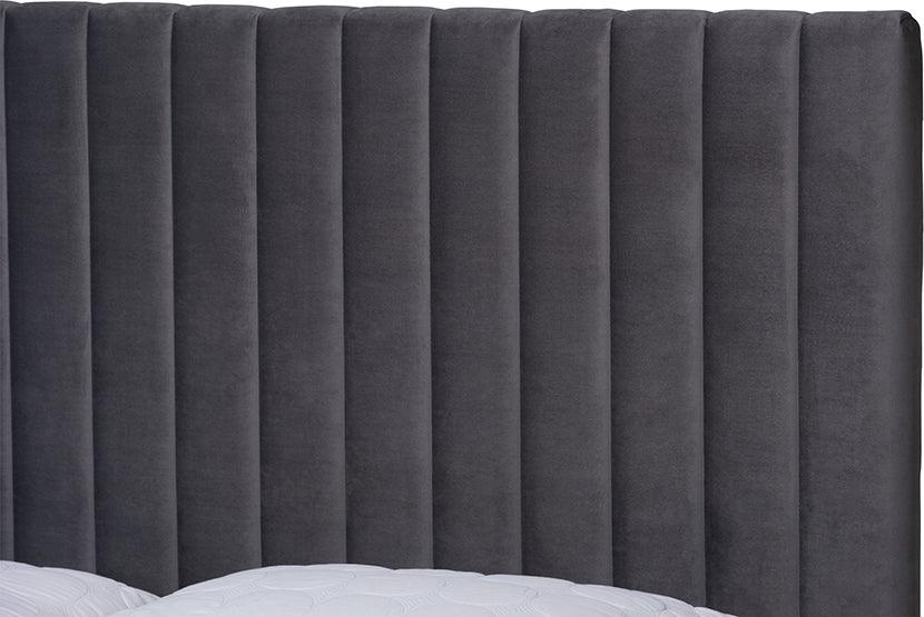 Wholesale Interiors Beds - Serrano Glam and Luxe Grey Velvet Fabric Upholstered and Gold Metal King Size Platform Bed