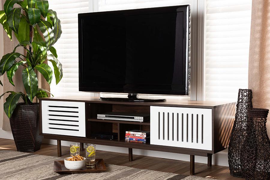 Wholesale Interiors TV & Media Units - Meike Mid-Century Modern Two-Tone Walnut Brown and White Finished Wood TV Stand Walnut & White