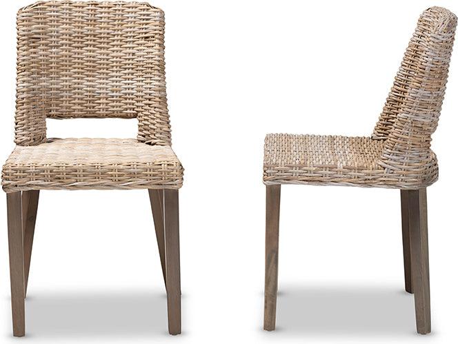 Wholesale Interiors Dining Chairs - Magy Modern Bohemian Grey Rattan and Natural Brown Wood 2-Piece Dining Chair Set