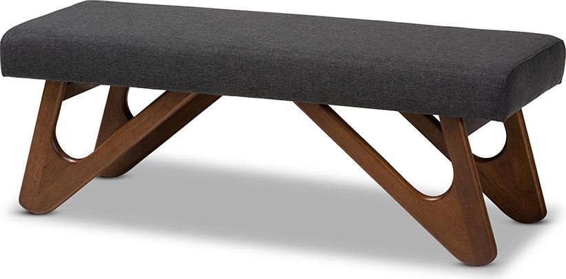 Wholesale Interiors Benches - Rika Mid-Century Modern Dark Grey Fabric Walnut Brown Boomerang Bench