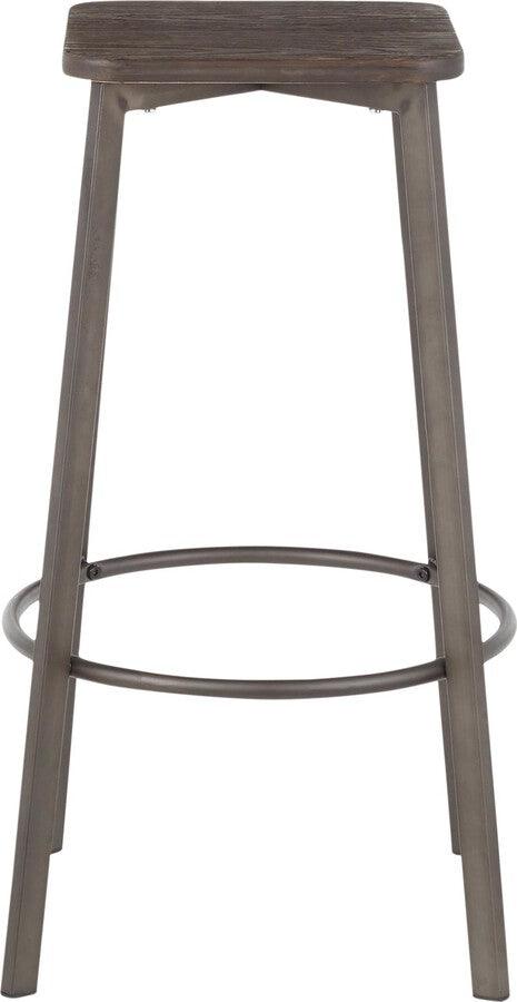 Lumisource Barstools - Clara Industrial Square Barstool in Antique Metal and Espresso Wood-Pressed Grain Bamboo - Set of 2