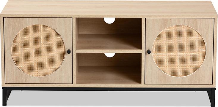 Wholesale Interiors TV & Media Units - Ardon Bohemian Light Brown Wood and Black Metal 2-Door TV Stand with Natural Rattan