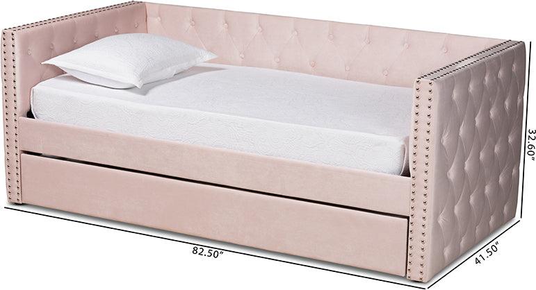 Wholesale Interiors Daybeds - Larkin Pink Velvet Fabric Upholstered Twin Size Daybed with Trundle