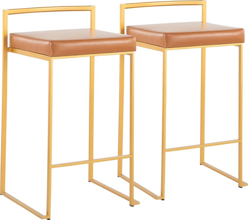 Lumisource Barstools - Fuji Contemporary Stackable Counter Stool in Gold with Camel Faux Leather Cushion - Set of 2