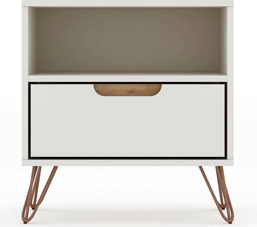 Manhattan Comfort Nightstands & Side Tables - Rockefeller 1.0 Mid-Century- Modern Nightstand with 1-Drawer in Off White and Nature