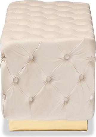 Wholesale Interiors Ottomans & Stools - Corrine Glam and Luxe Beige Velvet Fabric Upholstered and Gold PU Leather Ottoman