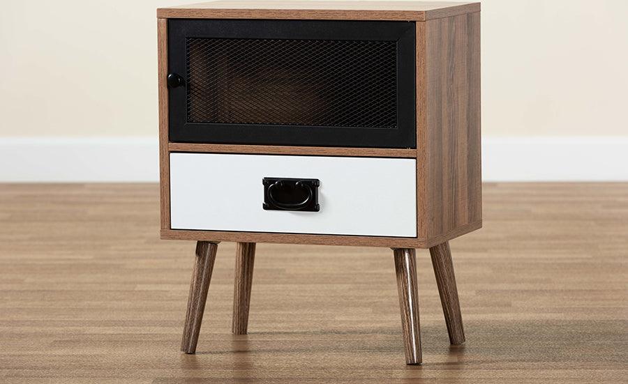 Wholesale Interiors Nightstands & Side Tables - Hubbard Mid-Century Modern Brown and White Wood and Black Metal 1-Drawer Nightstand