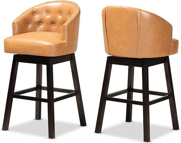 Wholesale Interiors Barstools - Theron Tan Faux Leather Upholstered and Dark Brown Finished Wood 2-Piece Swivel Bar Stool Set