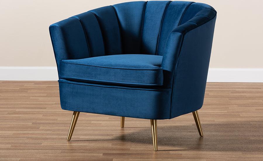 Wholesale Interiors Accent Chairs - Emeline Glam and Luxe Blue Velvet Brushed Gold Accent Chair