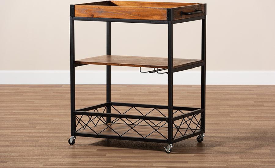 Wholesale Interiors Bar Units & Wine Cabinets - Capri Vintage Rustic Industrial Oak Brown and Black Finished Mobile Metal Bar Cart