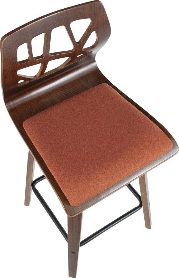 Lumisource Barstools - Folia Mid-Century Modern Counter Stool in Walnut Wood and Orange Fabric - Set of 2