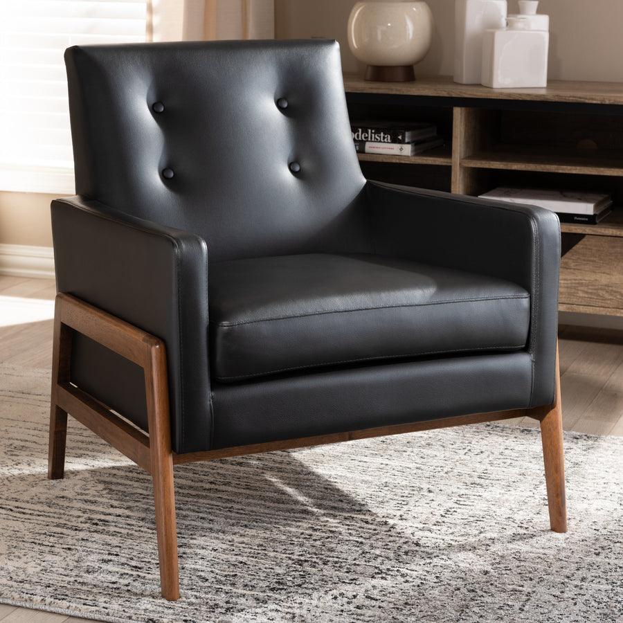 Wholesale Interiors Accent Chairs - Perris Mid-Century Modern Black Faux Leather Upholstered Walnut Wood Lounge Chair