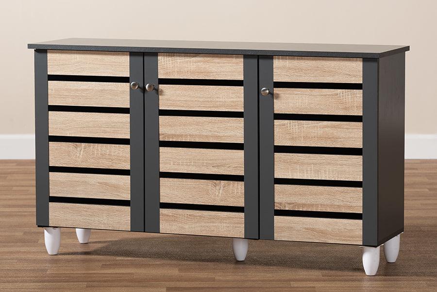 Wholesale Interiors Shoe Storage - Gisela Modern and Contemporary Two-Tone Oak and Dark Gray 3-Door Shoe Storage Cabinet