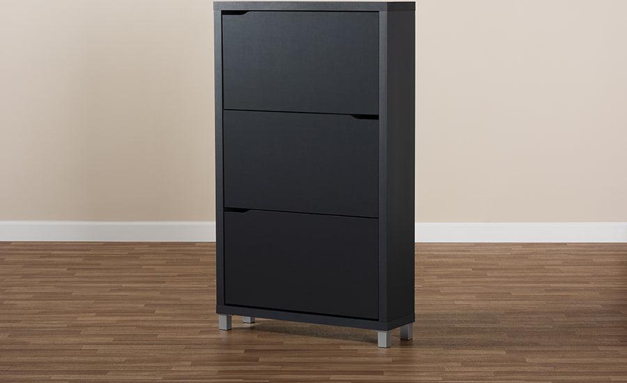 Wholesale Interiors Shoe Storage - Simms Contemporary Dark Grey Wood Shoe Storage Cabinet with 6 Fold-Out Racks