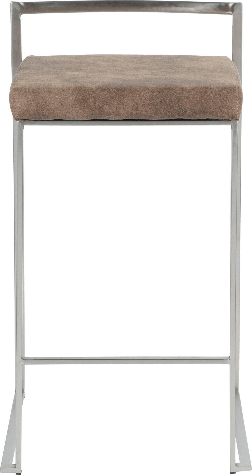 Lumisource Barstools - Fuji Stacker Counter Stool (Set of 2) Stainless Steel & Brown Cowboy