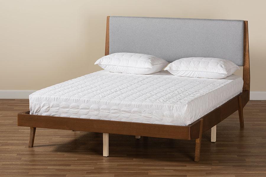 Wholesale Interiors Beds - Senna Mid-Century Modern Grey Fabric and Walnut Brown Wood King Size Platform Bed
