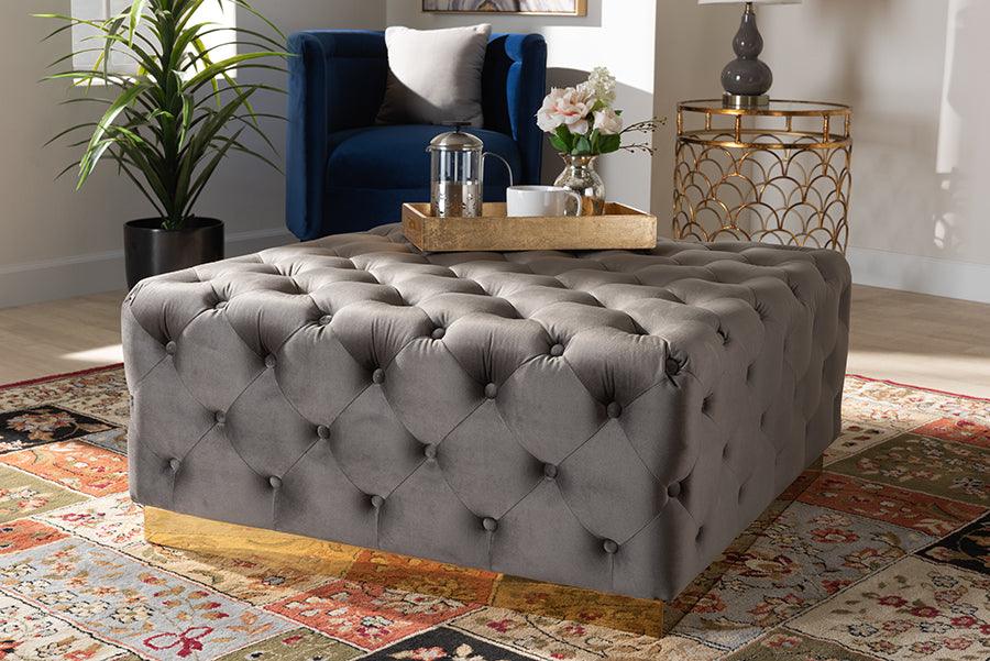 Wholesale Interiors Ottomans & Stools - Verene Glam and Luxe Grey Velvet Gold Square Cocktail Ottoman